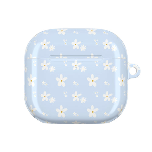 Baby blue floral AirPods case front view, smooth shell with lanyard loop