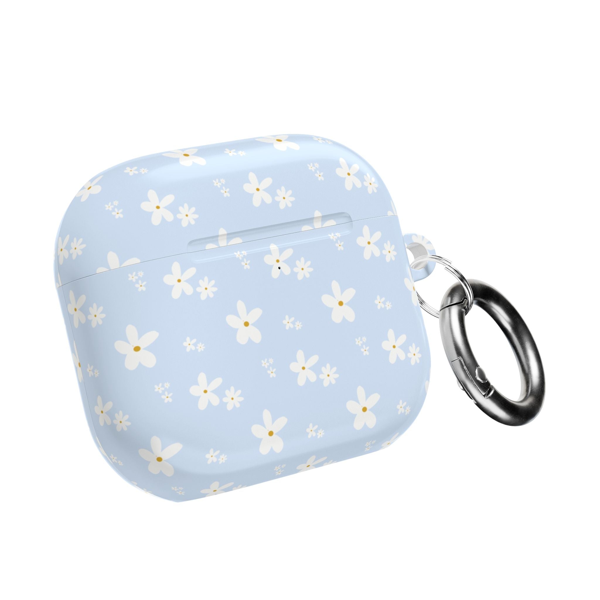 Baby blue floral AirPods case with keyring loop, side view