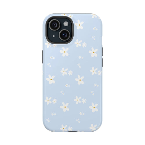 Baby blue floral phone case with white flowers, smooth glossy back