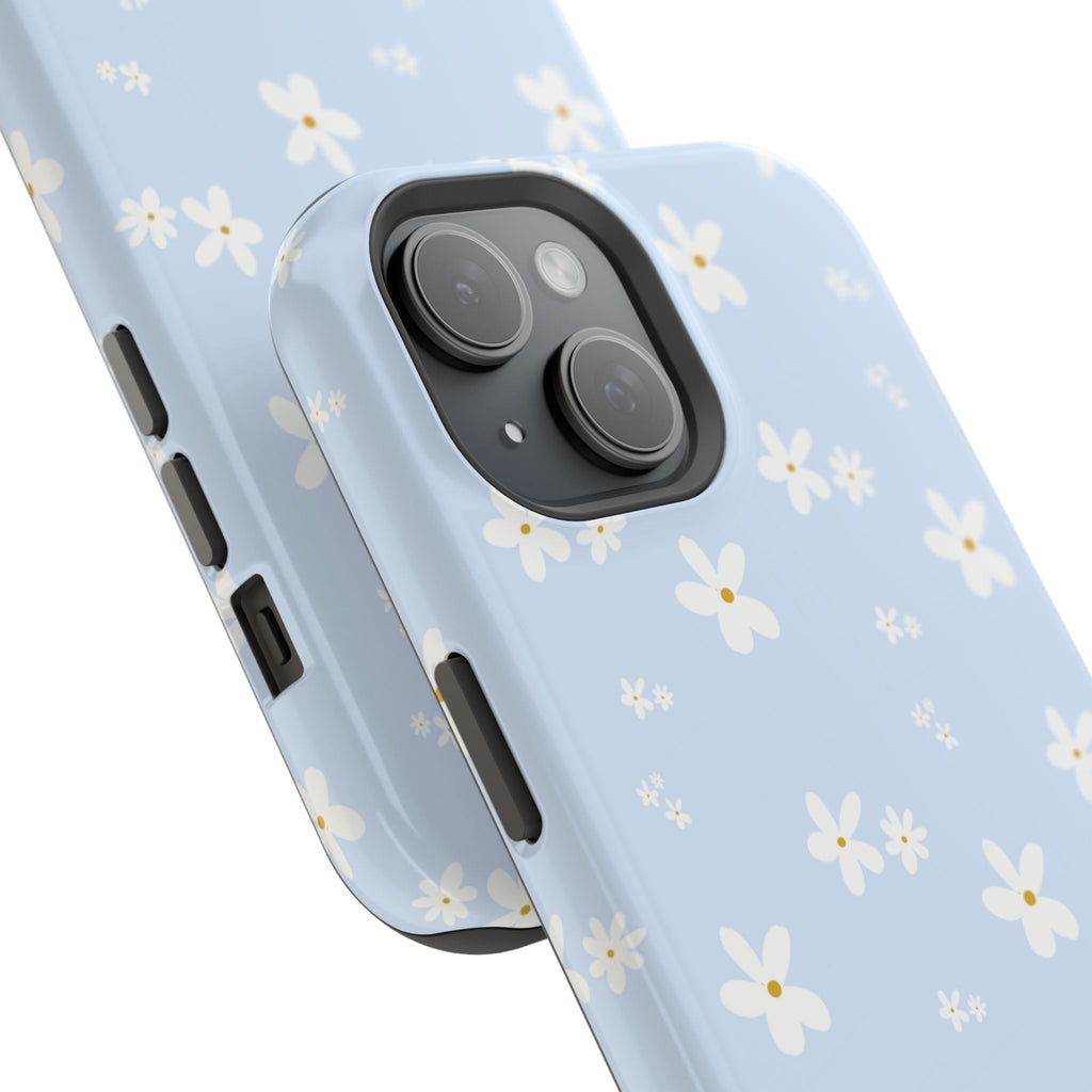 Close-up baby blue floral phone case: camera cutout and side button openings