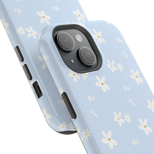 Close-up baby blue floral phone case: camera cutout and side button openings