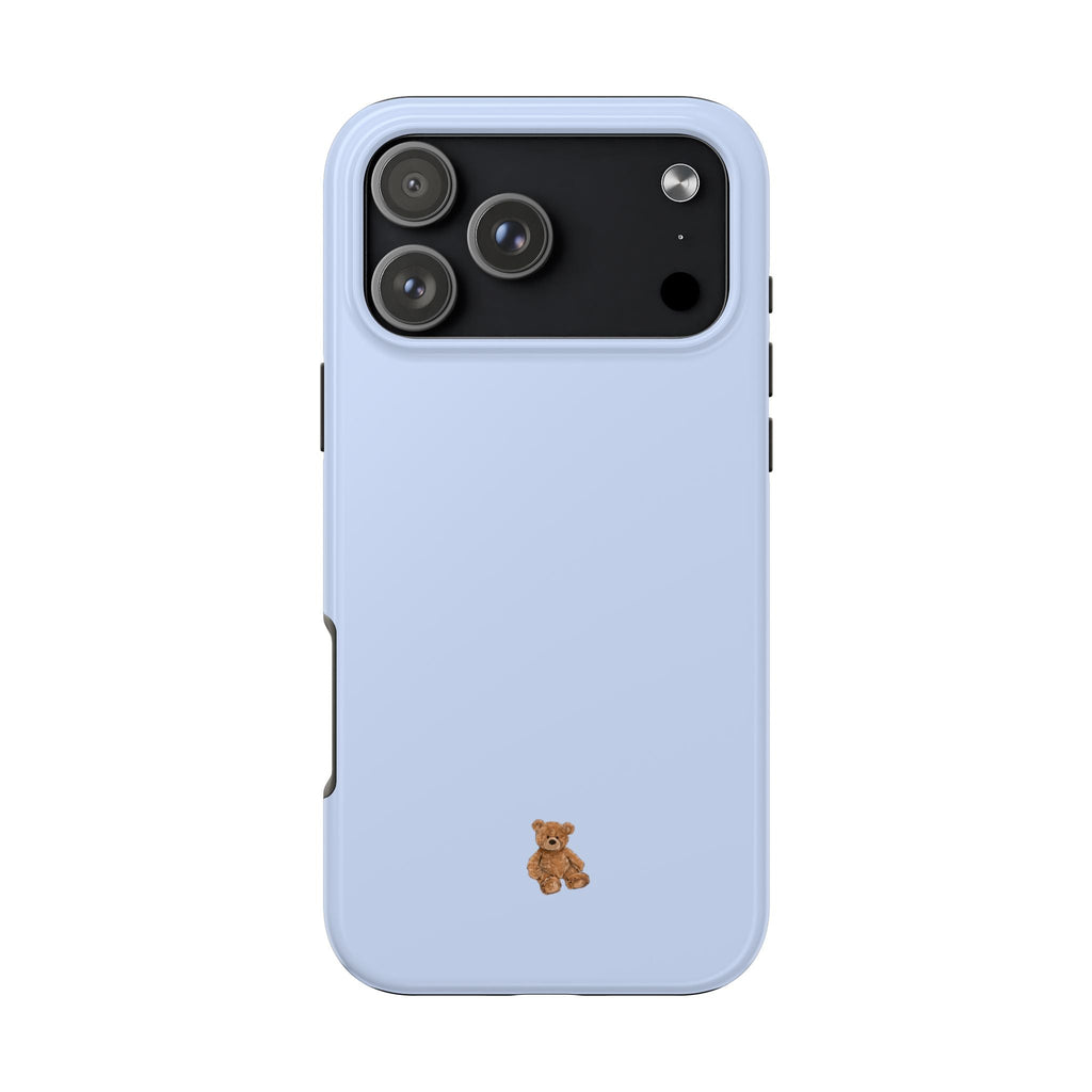 Baby blue mini teddy bear phone case with teddy charm on back and camera cutouts