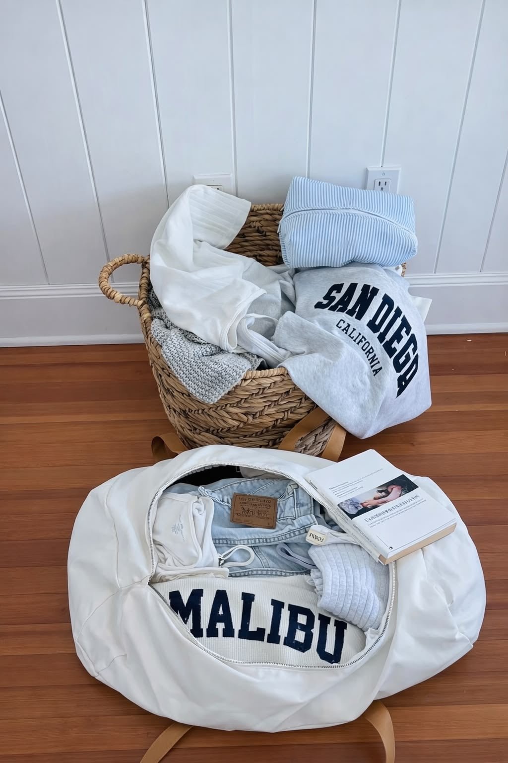 Light blue pinstripe baby set, folded knit pieces with ribbed waistband