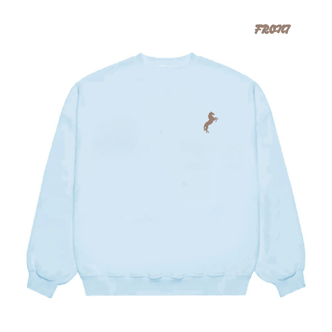 Baby blue crewneck sweatshirt back with small horse-and-rider graphic