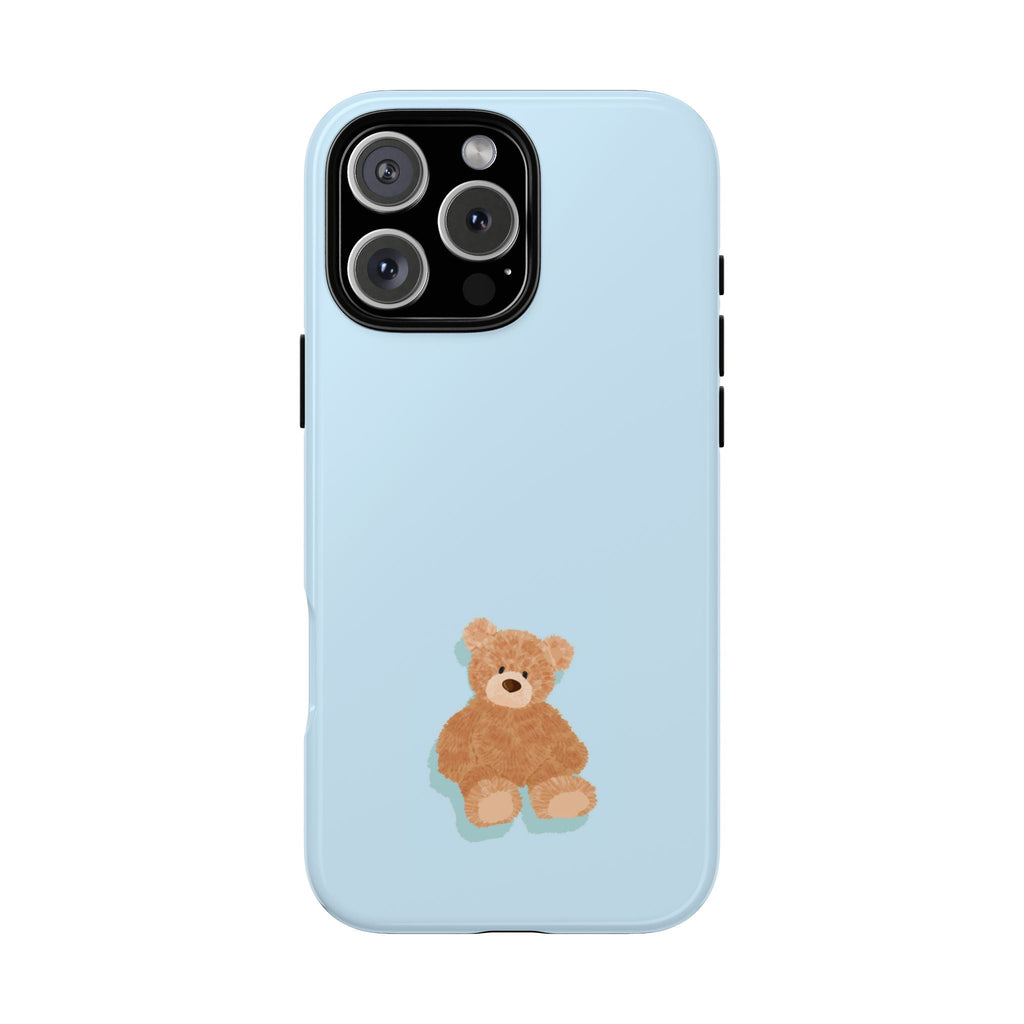 Baby blue teddy bear phone case with cute bear graphic and camera cutouts