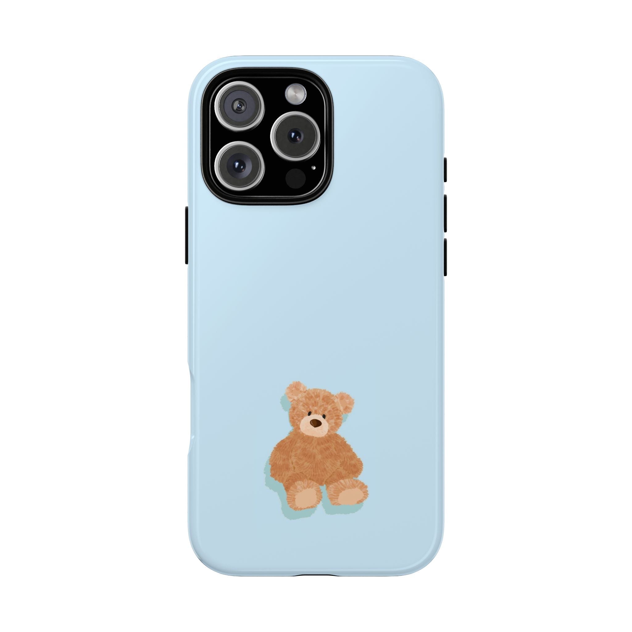 Baby blue teddy bear phone case with cute bear graphic and camera cutouts