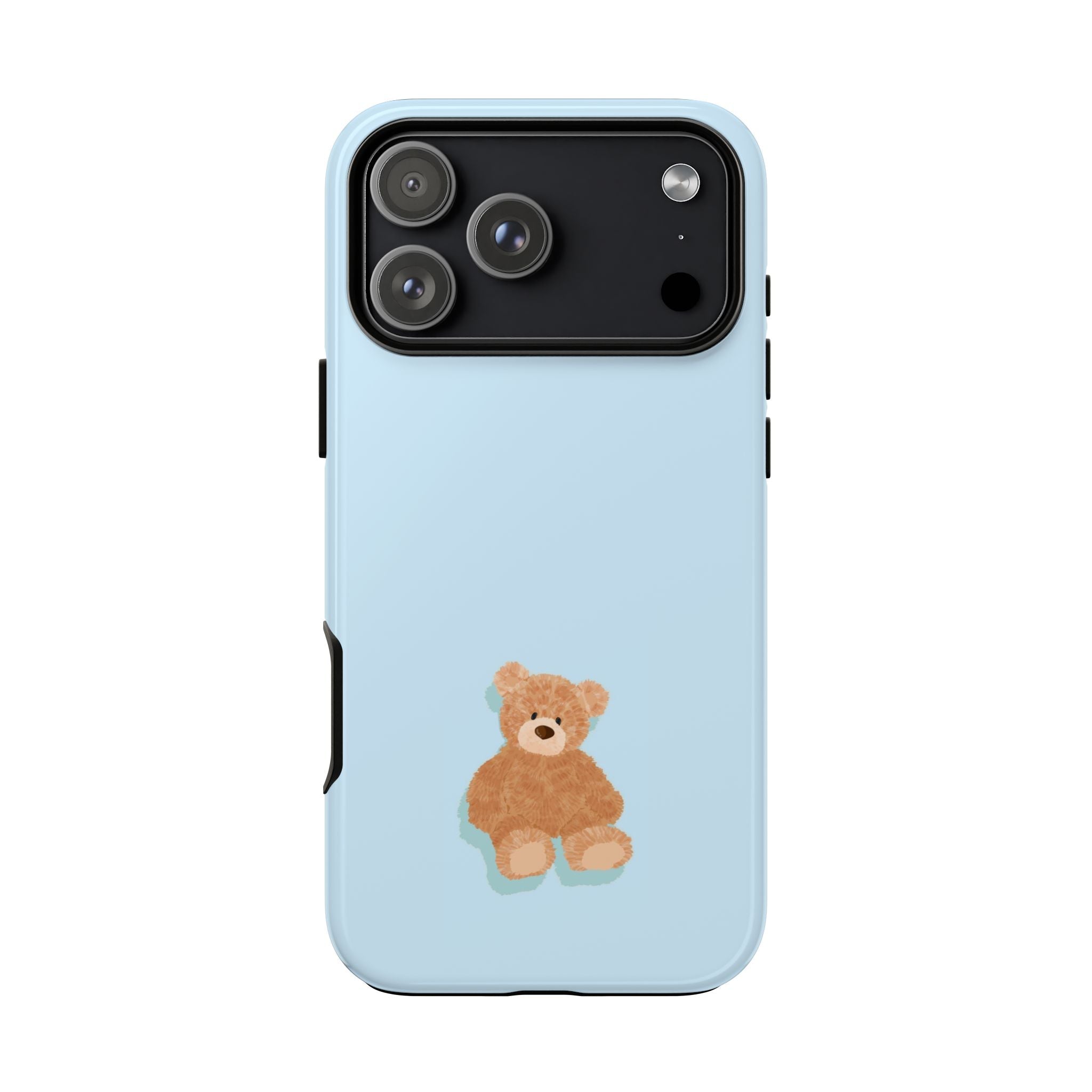Light blue phone case featuring a small teddy bear design and raised camera frame