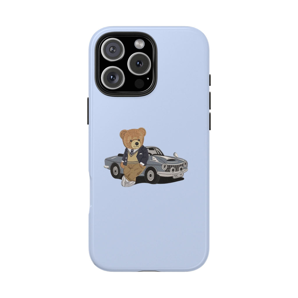 Light blue phone case with teddy bear driver and vintage car graphic, rear view