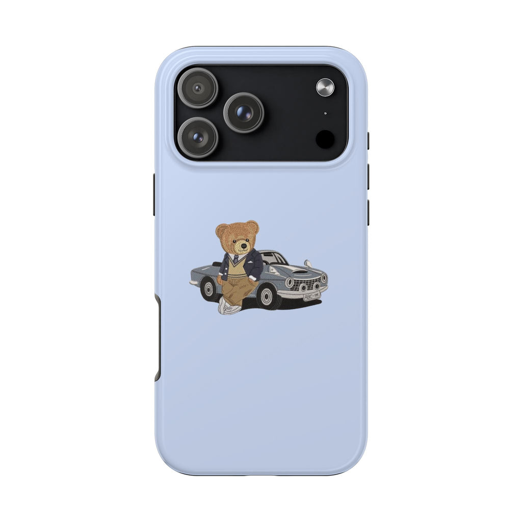 Light blue phone case with teddy bear in jacket riding vintage car graphic