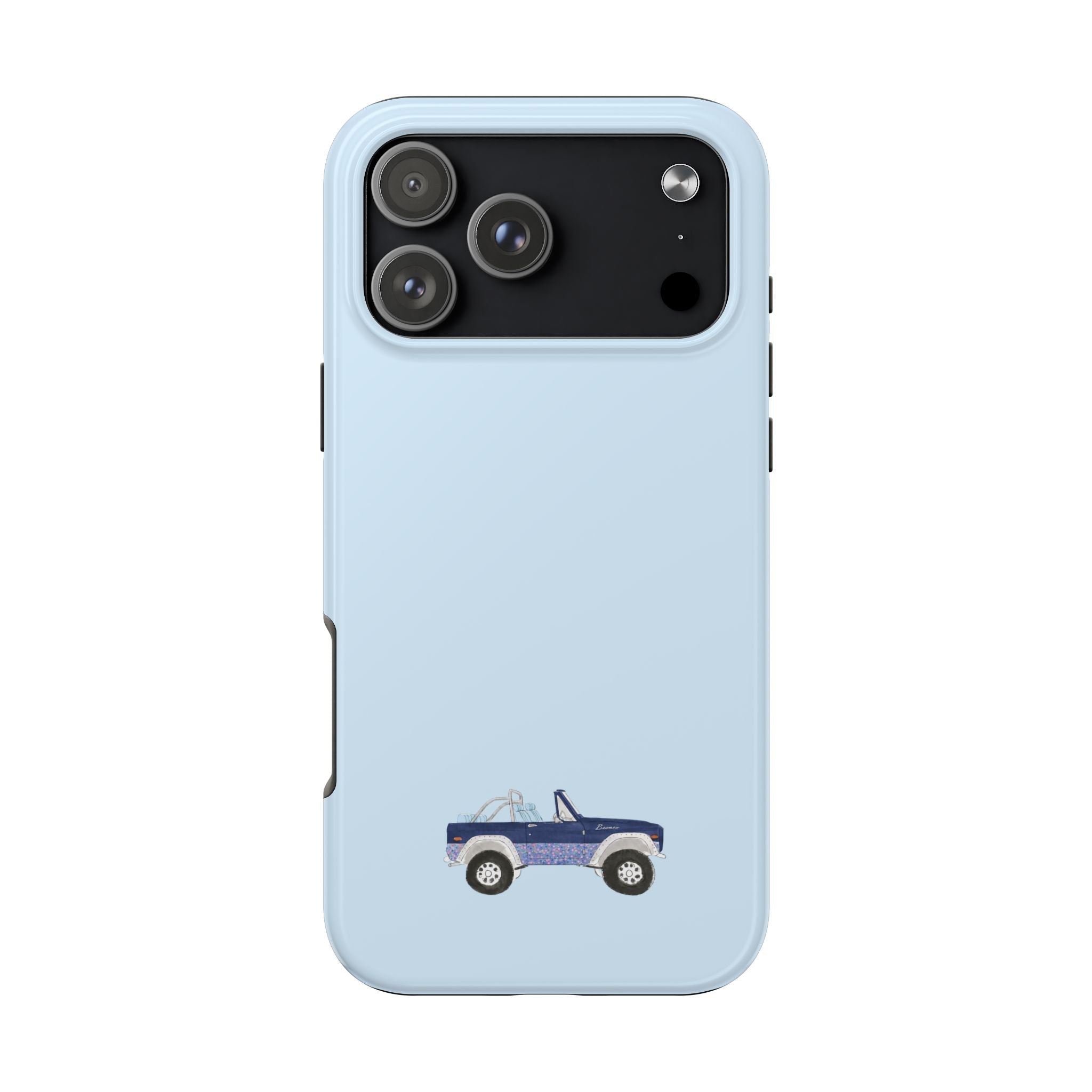 Baby blue phone case with vintage bronco truck graphic and camera cutouts