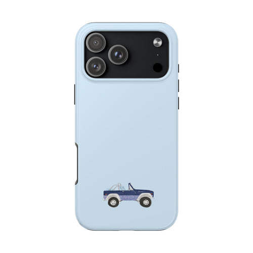 Baby blue phone case with vintage bronco truck graphic and camera cutouts