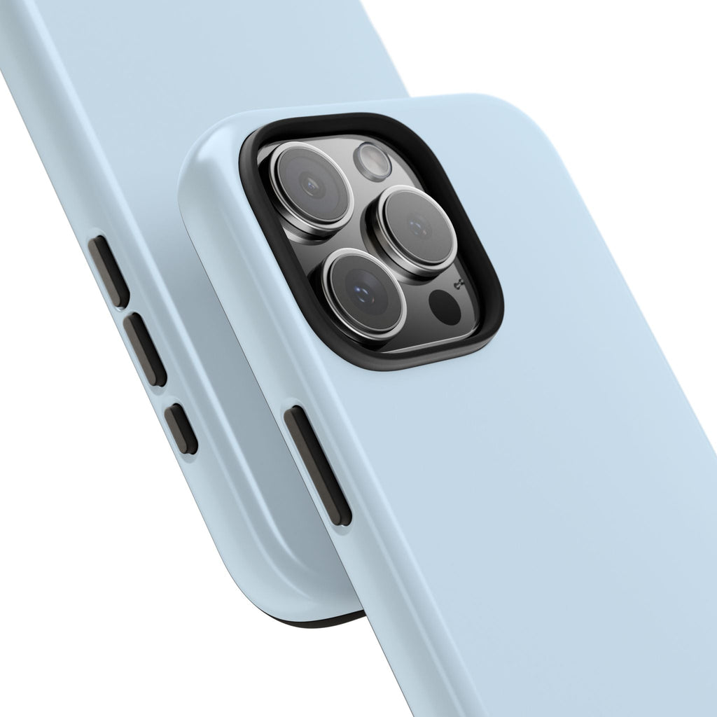 Baby blue phone case close-up with raised camera bump and precise cutouts