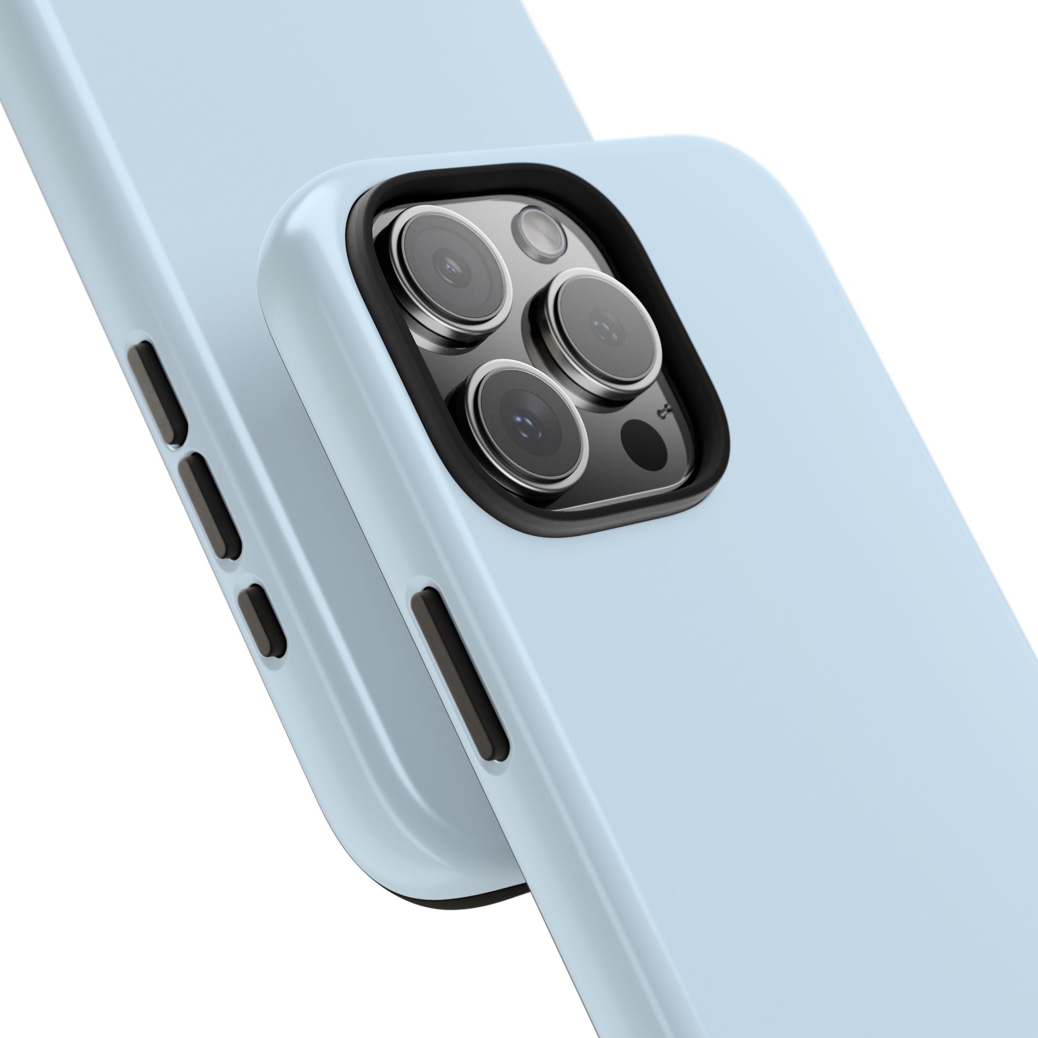 Baby blue phone case close-up with raised camera bump and precise cutouts