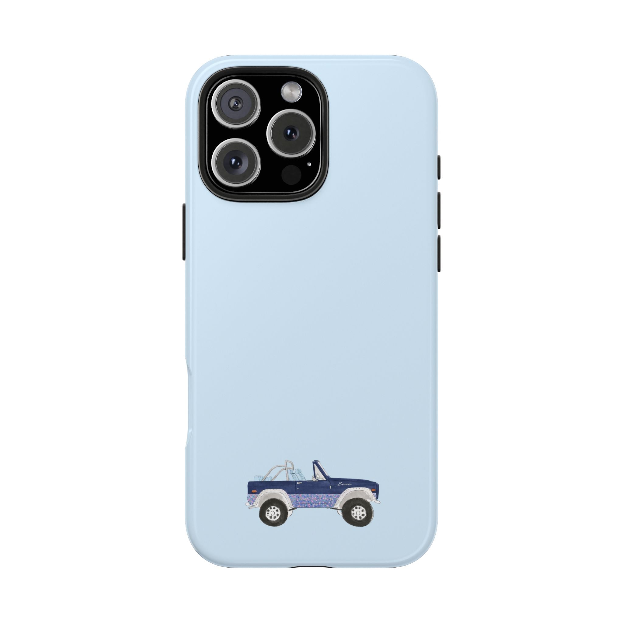 Light blue phone case featuring a vintage bronco truck graphic across the back