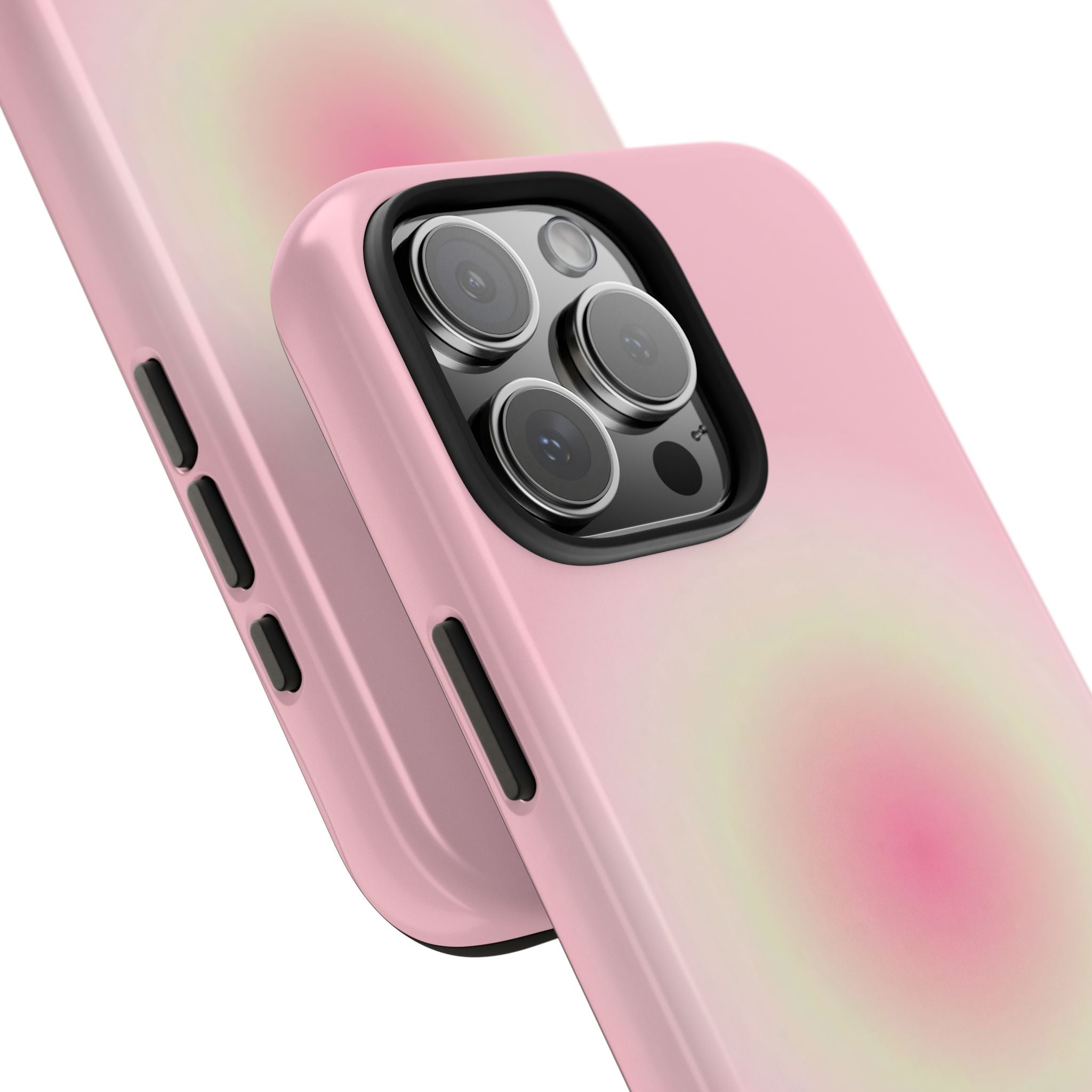 Baby pink aura phone case corner view with camera lenses and side button cutouts