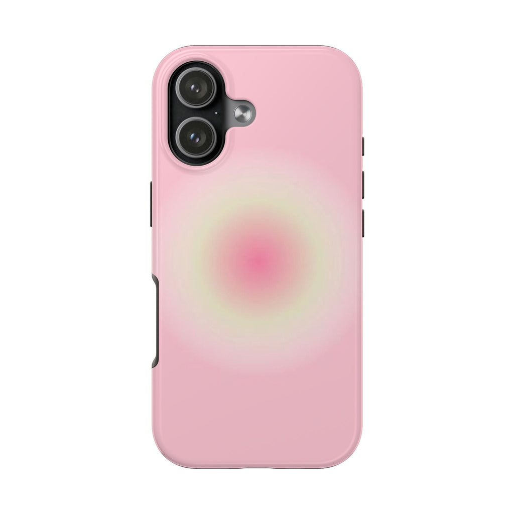 Baby pink aura phone case with soft rainbow circle near camera cutout