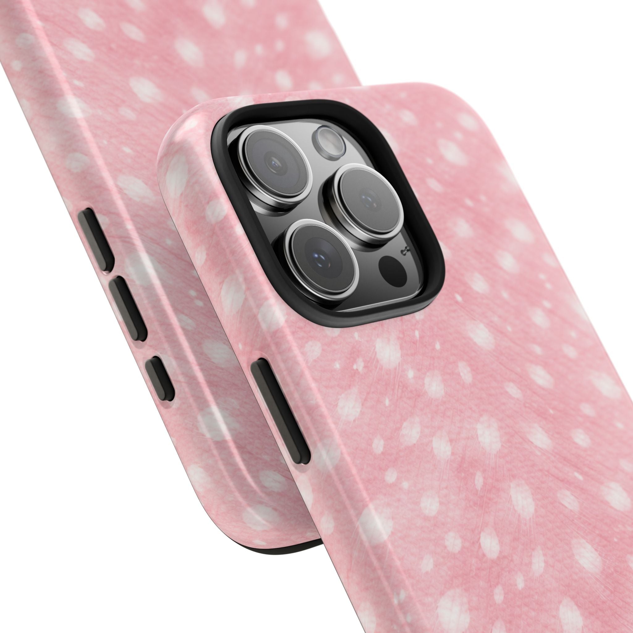 Pink speckled phone case angled view with triple-lens camera cutout