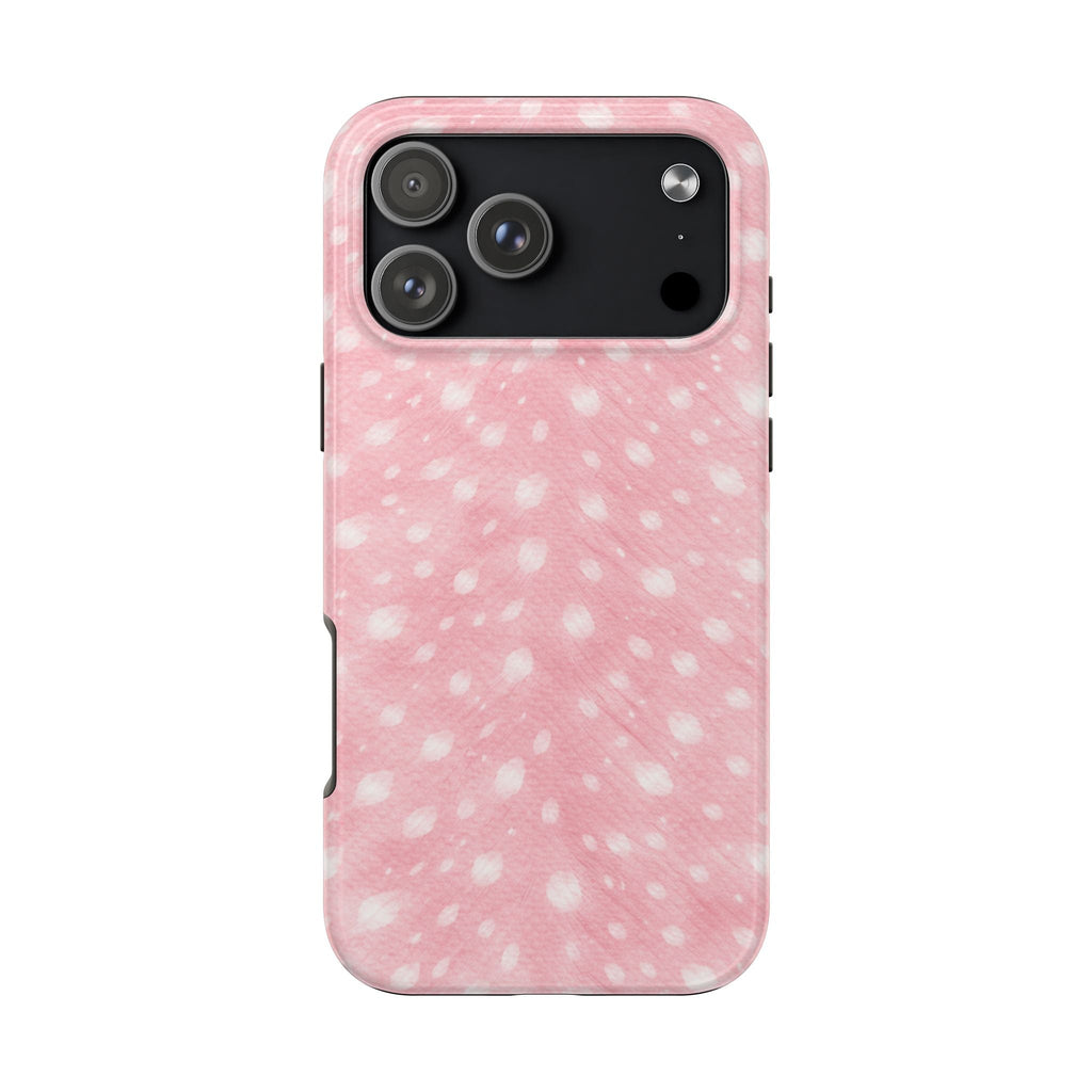 Pink phone case with white speckle pattern and dark cutout for triple camera