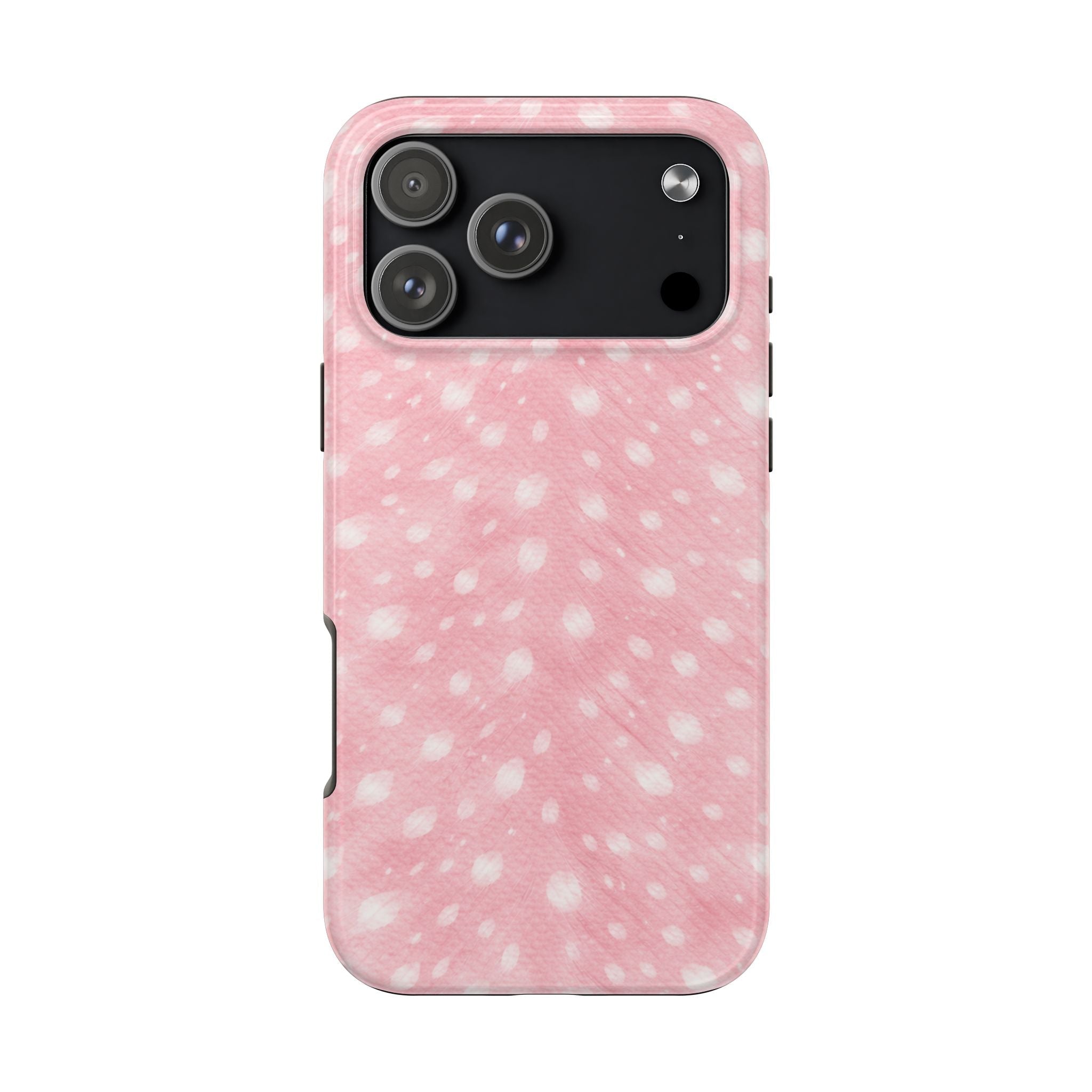 Pink phone case with white speckle pattern and dark cutout for triple camera