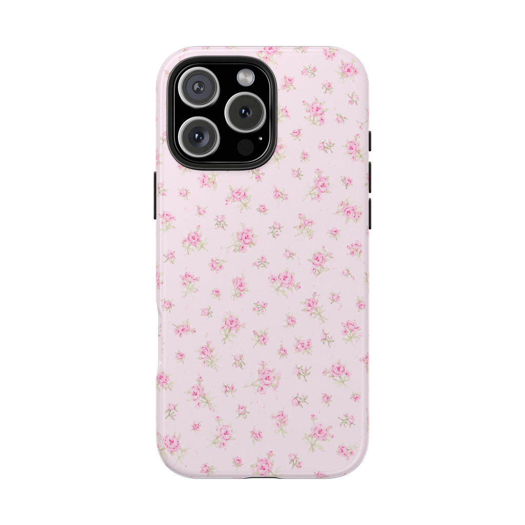 Baby pink floral phone case with rear camera cutout and top corner camera opening