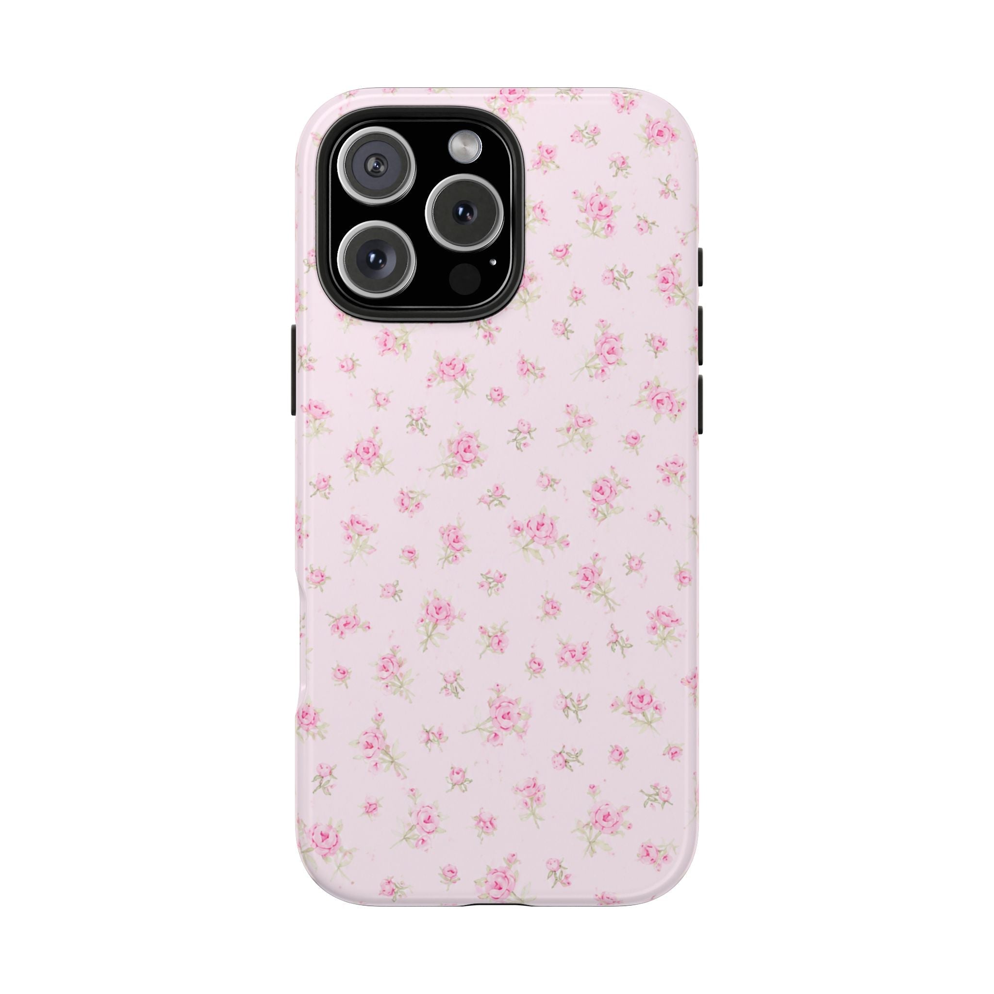 Baby pink floral phone case, smooth back with camera openings and flash cutout