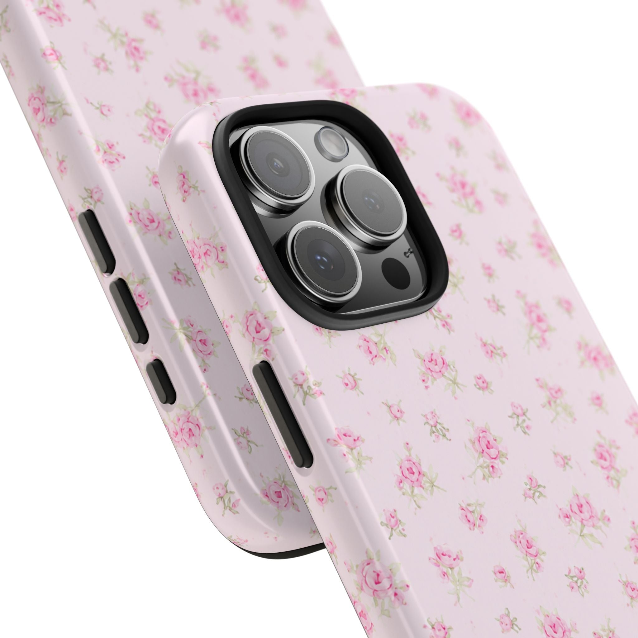 Pink floral phone case side view with camera lens protection and button openings