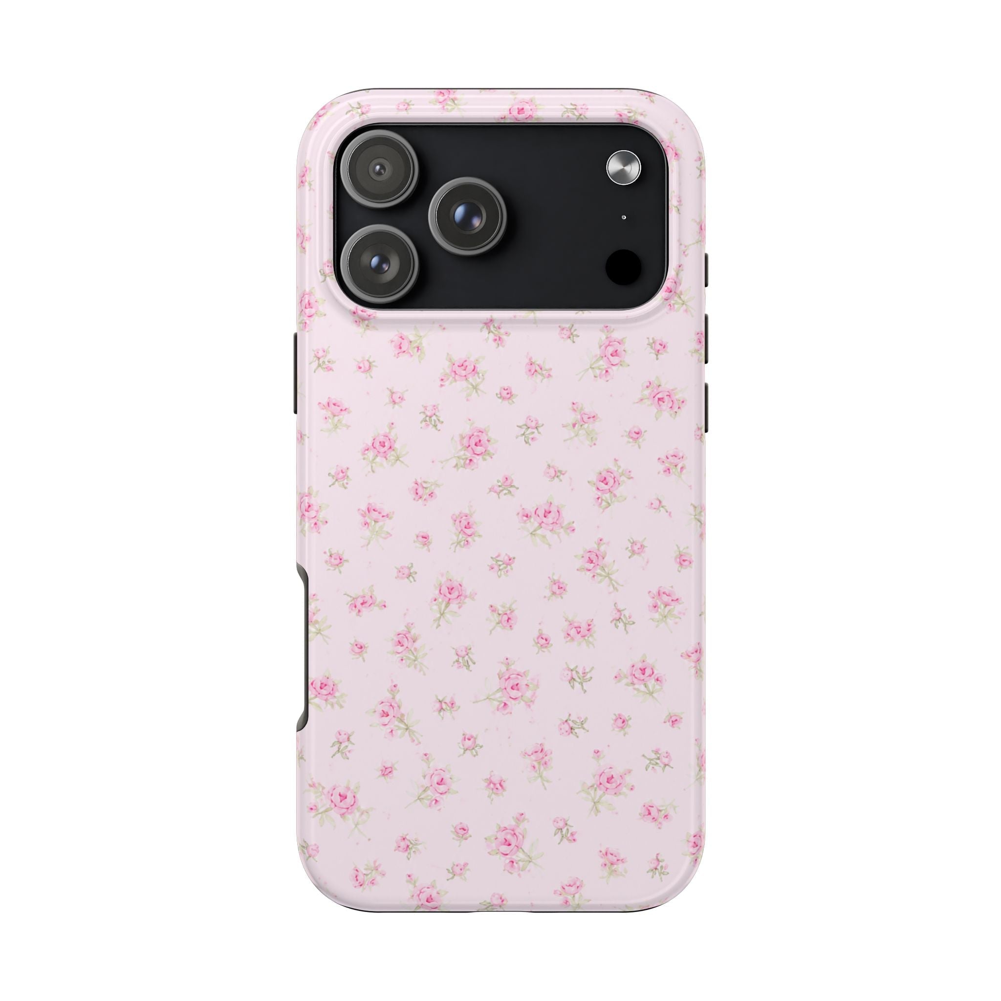 Baby pink floral phone case with raised clear edge around camera cutouts