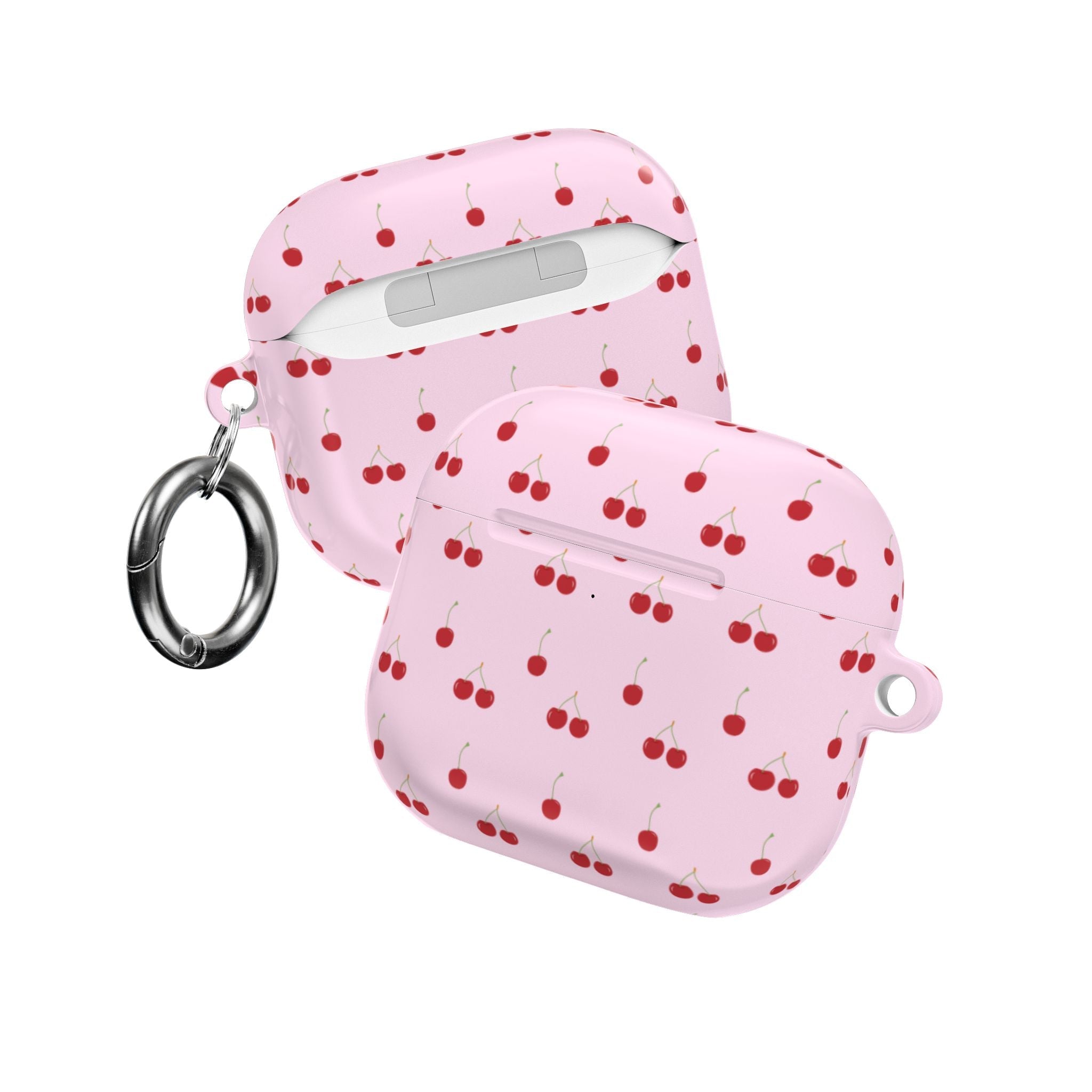Cherry-pattern baby pink AirPods case with keyring loop and charging cutouts