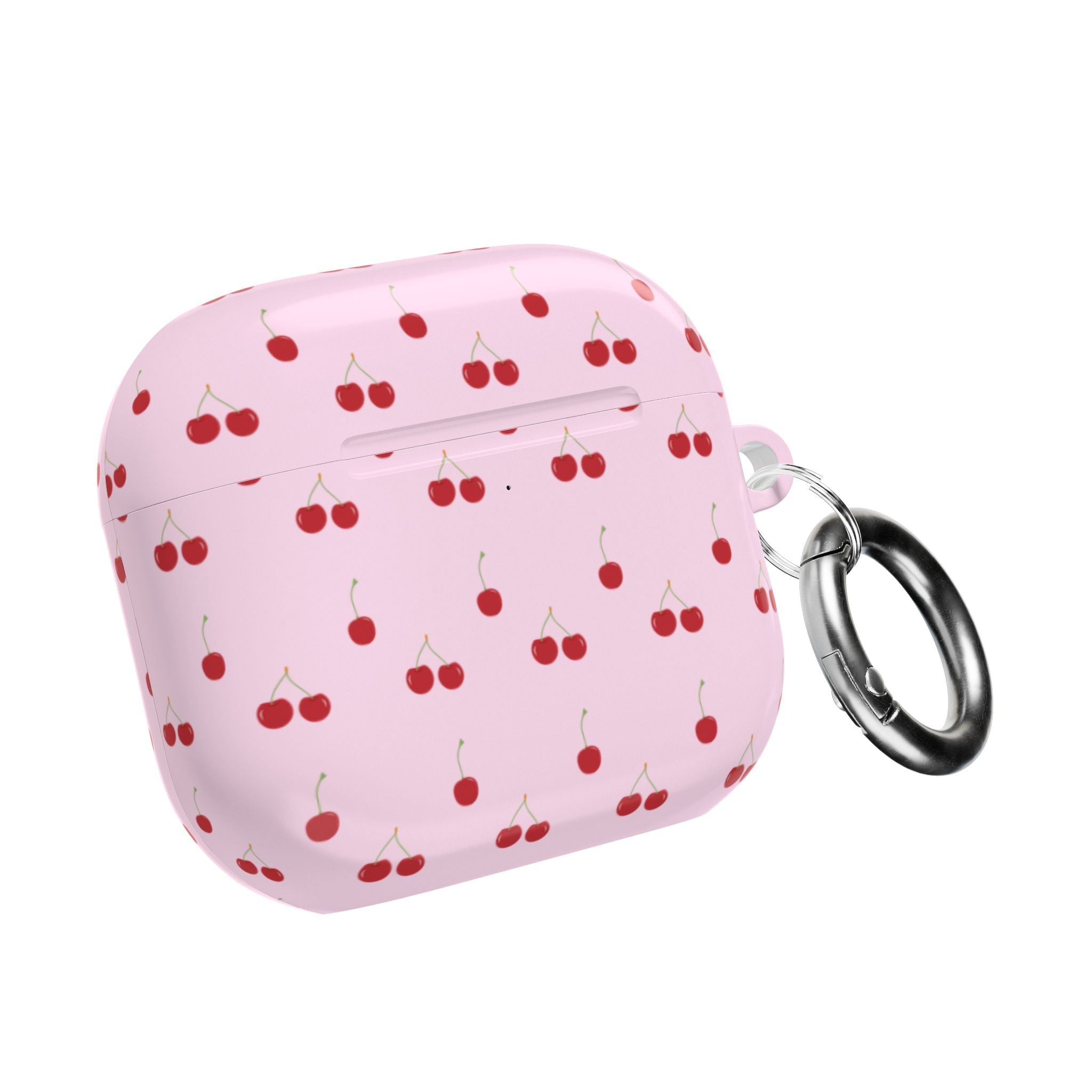 Baby pink AirPods case with cherry pattern and metal keyring, closed