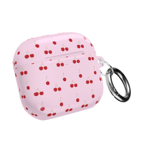 Baby pink AirPods case with cherry pattern and metal keyring, closed