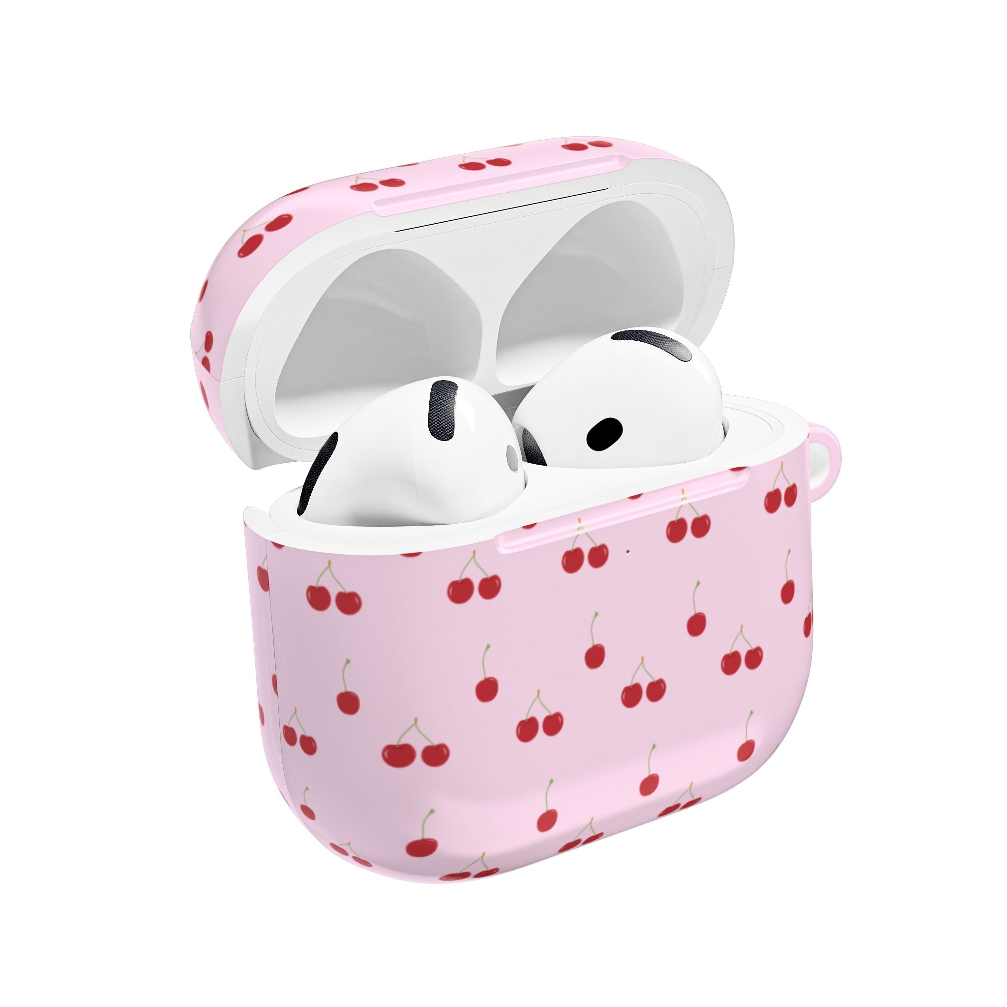 Baby pink AirPods case with cherry pattern, open lid and speaker cutouts