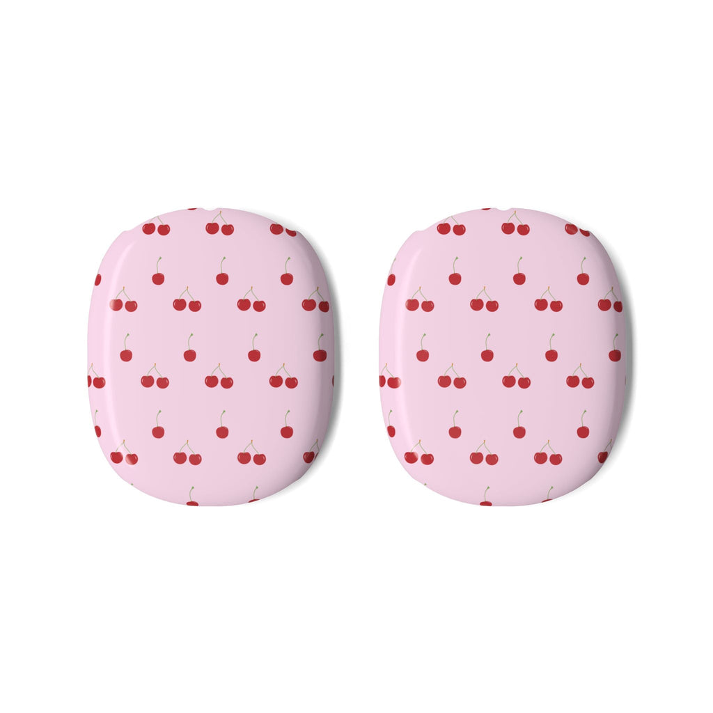 Two pink cherry-pattern AirPods Max ear cup covers, rounded shape