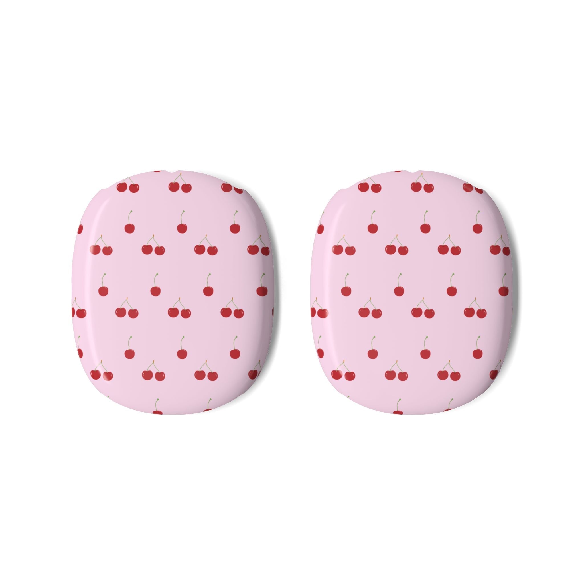 Two pink cherry-pattern AirPods Max ear cup covers, rounded shape