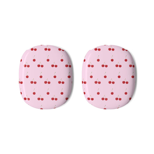 Two pink cherry-pattern AirPods Max ear cup covers, rounded shape