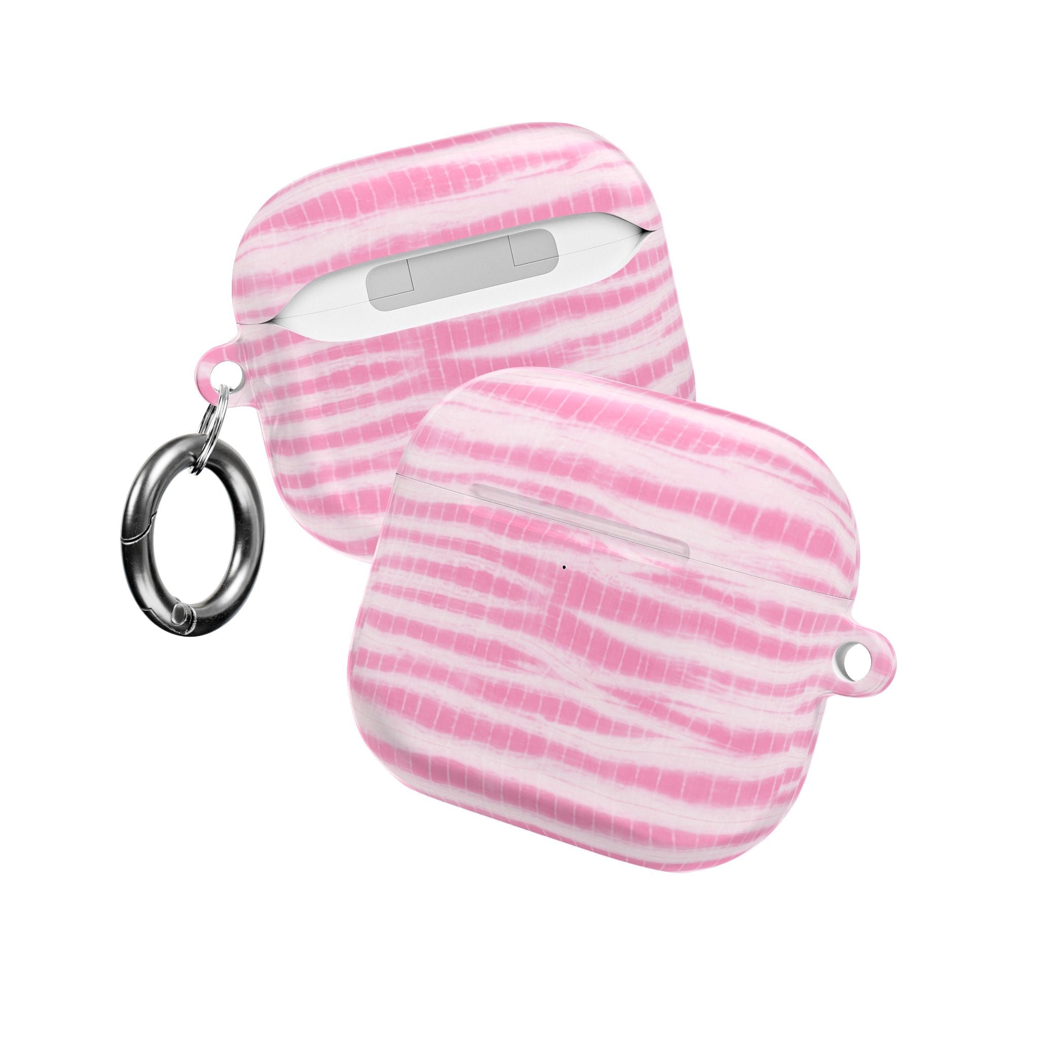 Two-tone striped pink AirPod case with front button and hanging keyrings