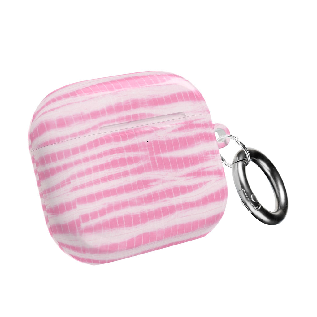Pink striped AirPod case closed with metal keyring clip on side
