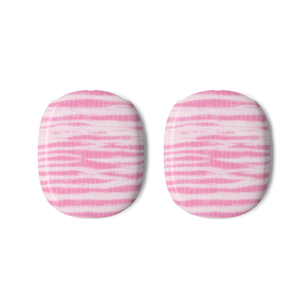 Two pink coastal-wash ear pad covers, oval shape with horizontal stripe pattern