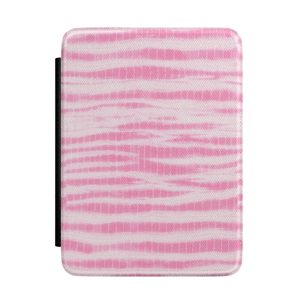 Baby pink hardcover Kindle case with horizontal striped fabric design and rounded edges