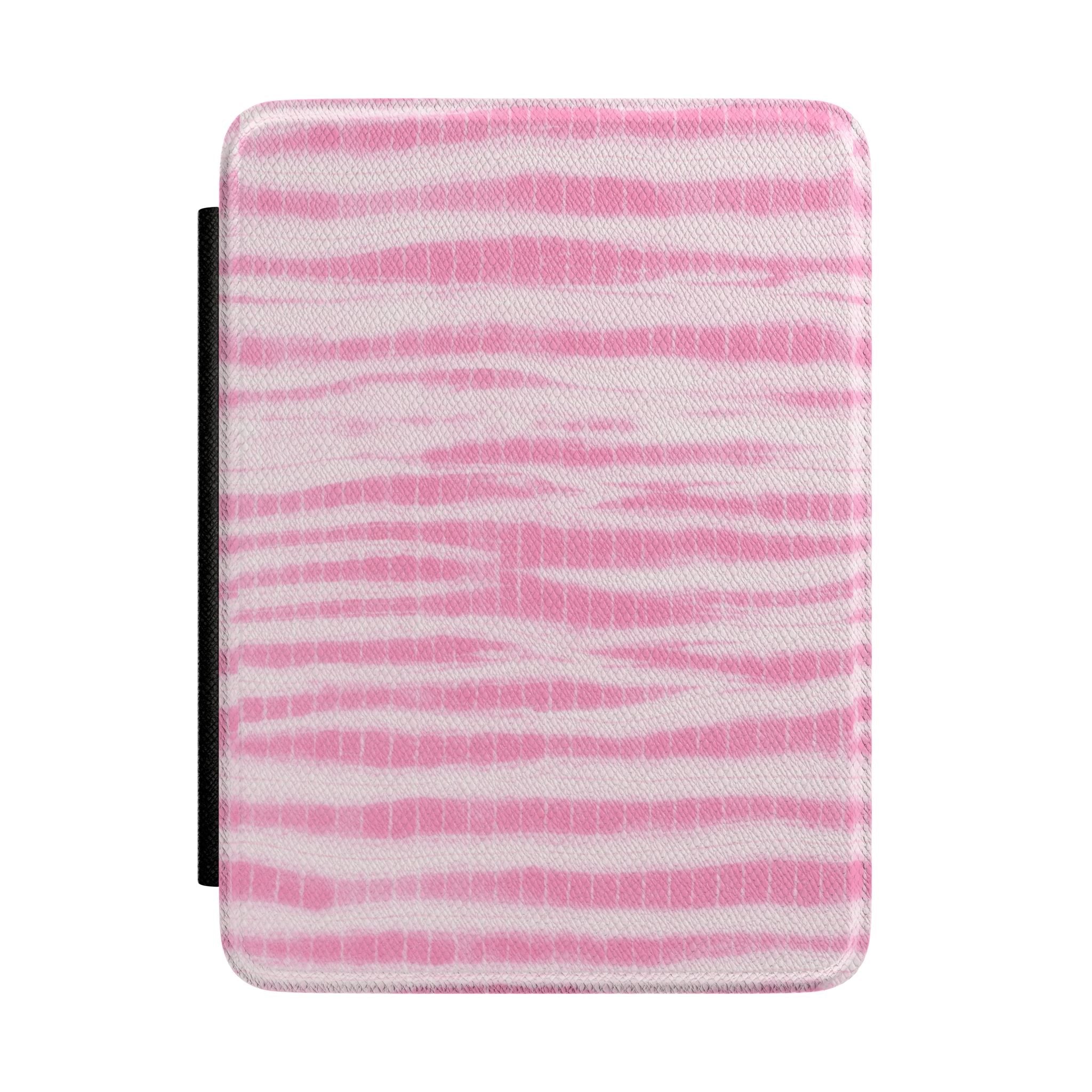 Baby pink hardcover Kindle case with horizontal striped fabric design and rounded edges