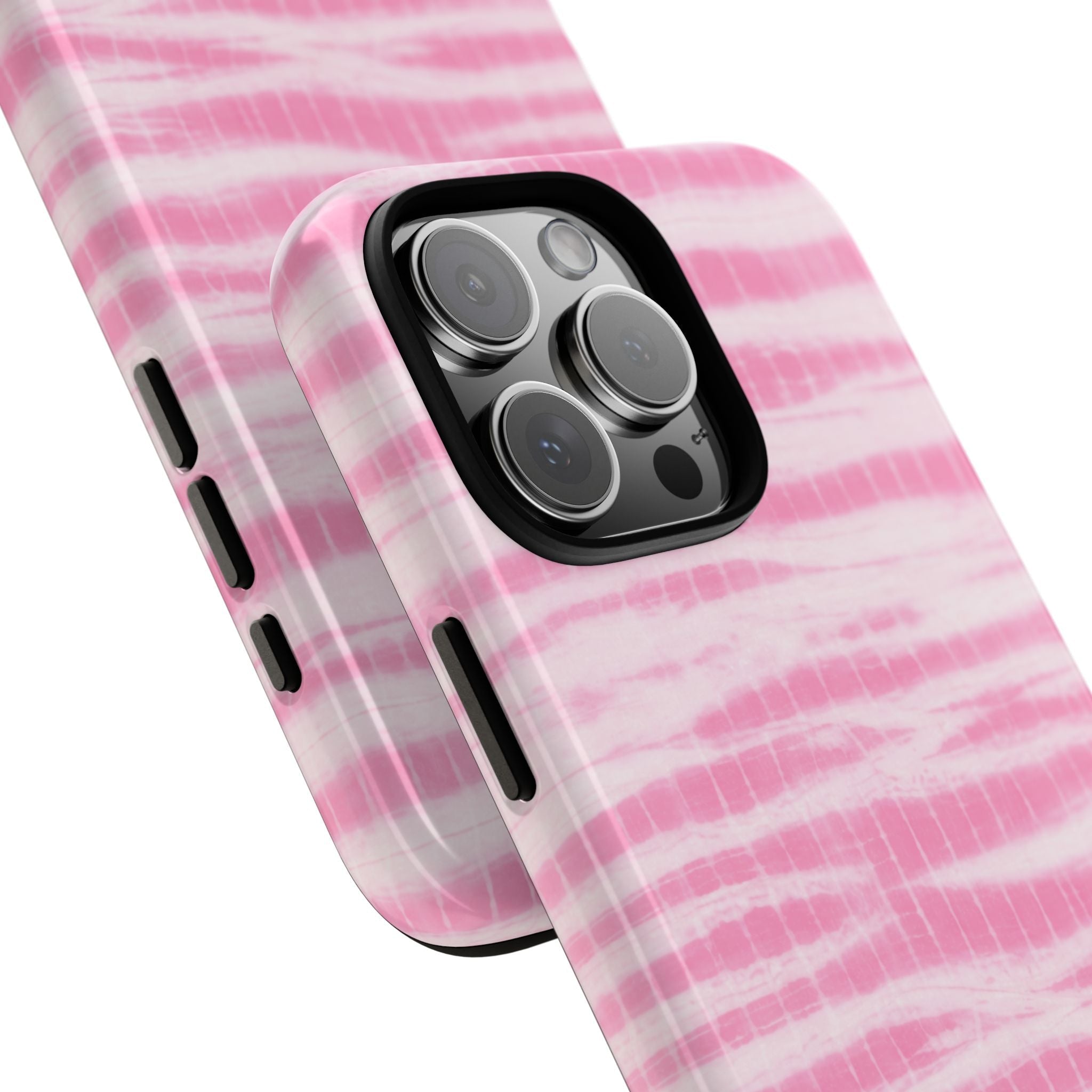 Baby pink coastal wash phone case pair, side buttons visible, black camera cutouts
