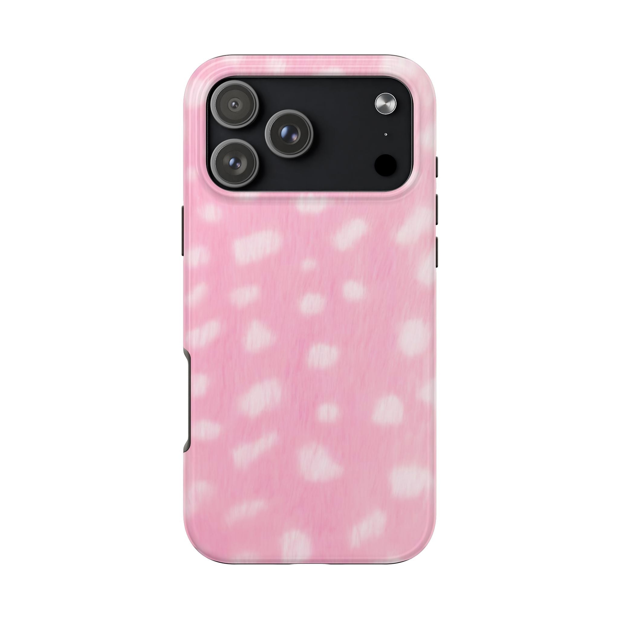 Pink phone case with white spot pattern and raised camera cutout, clear edges