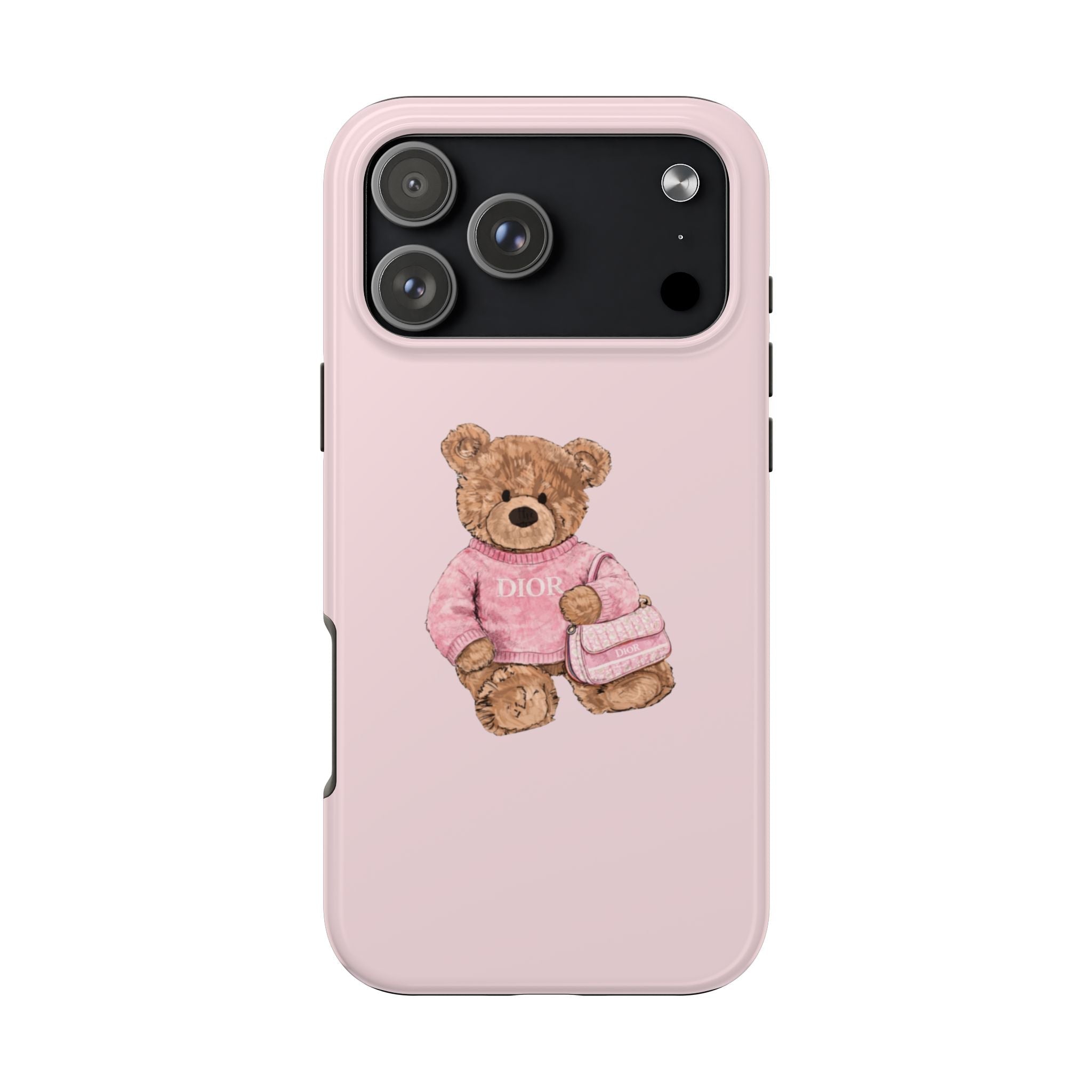Baby pink phone case with teddy bear graphic in pink sweater and bag charm
