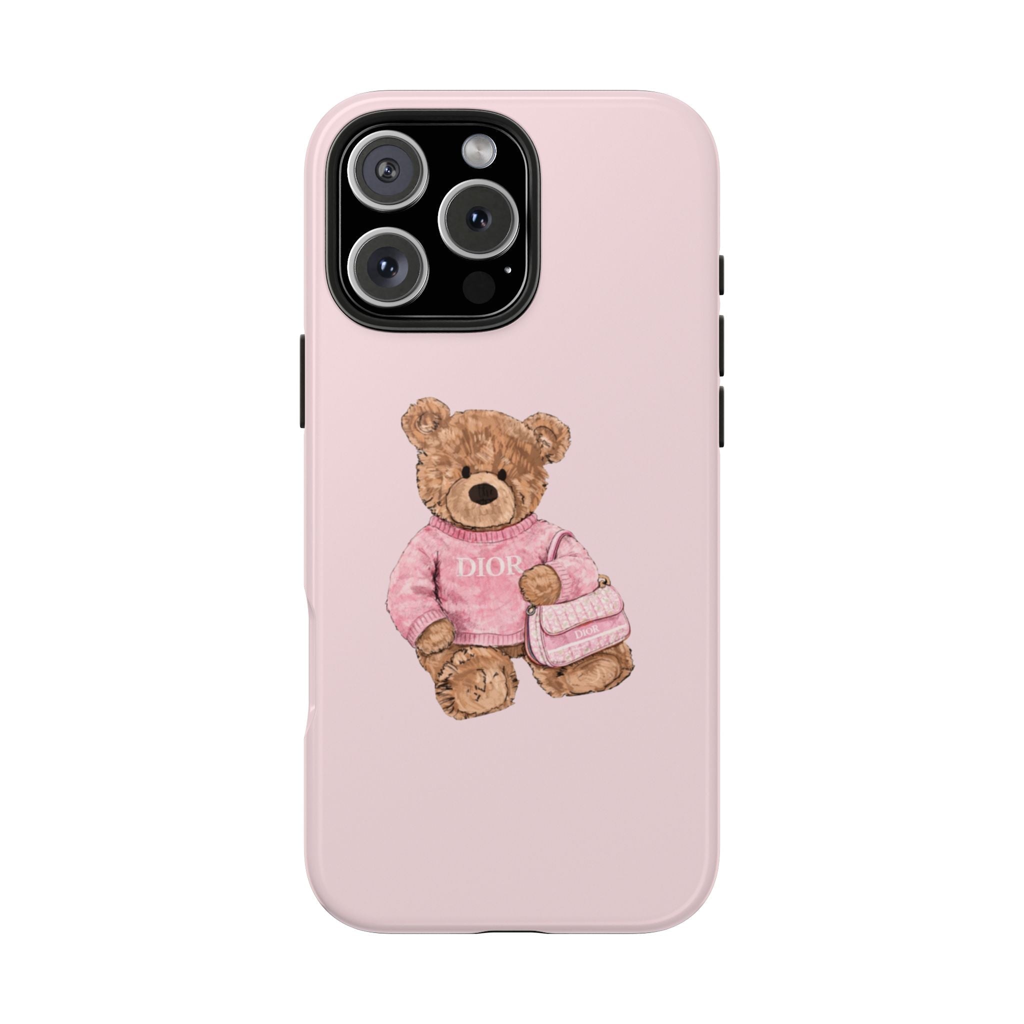 Light pink phone case featuring teddy bear wearing pink shirt and holding small bag