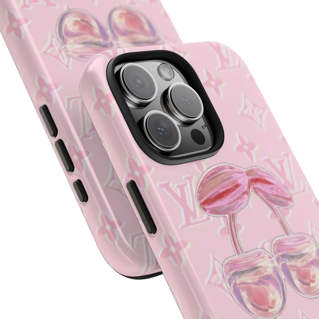 Baby pink LV cherry phone case with raised camera cutout and side button openings