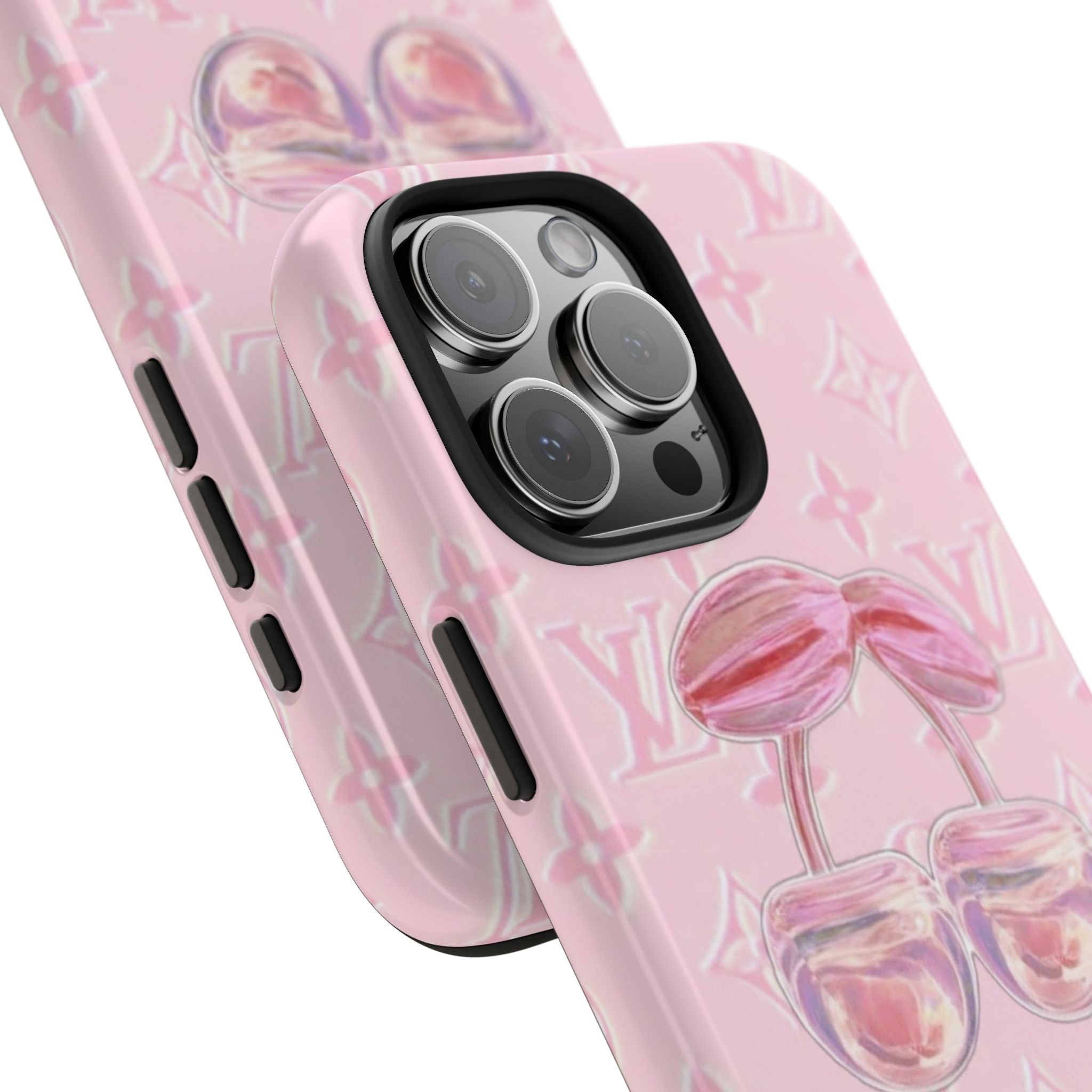 Baby pink LV cherry phone case with raised camera cutout and side button openings