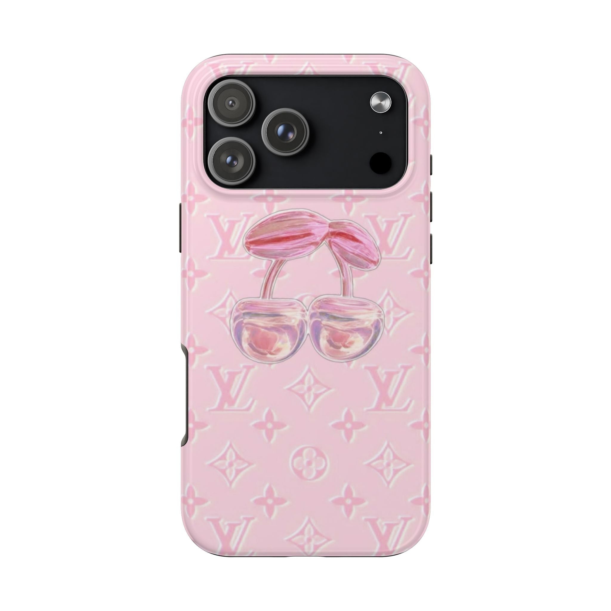 Baby pink cherry phone case with LV monogram motif and bow cherries design