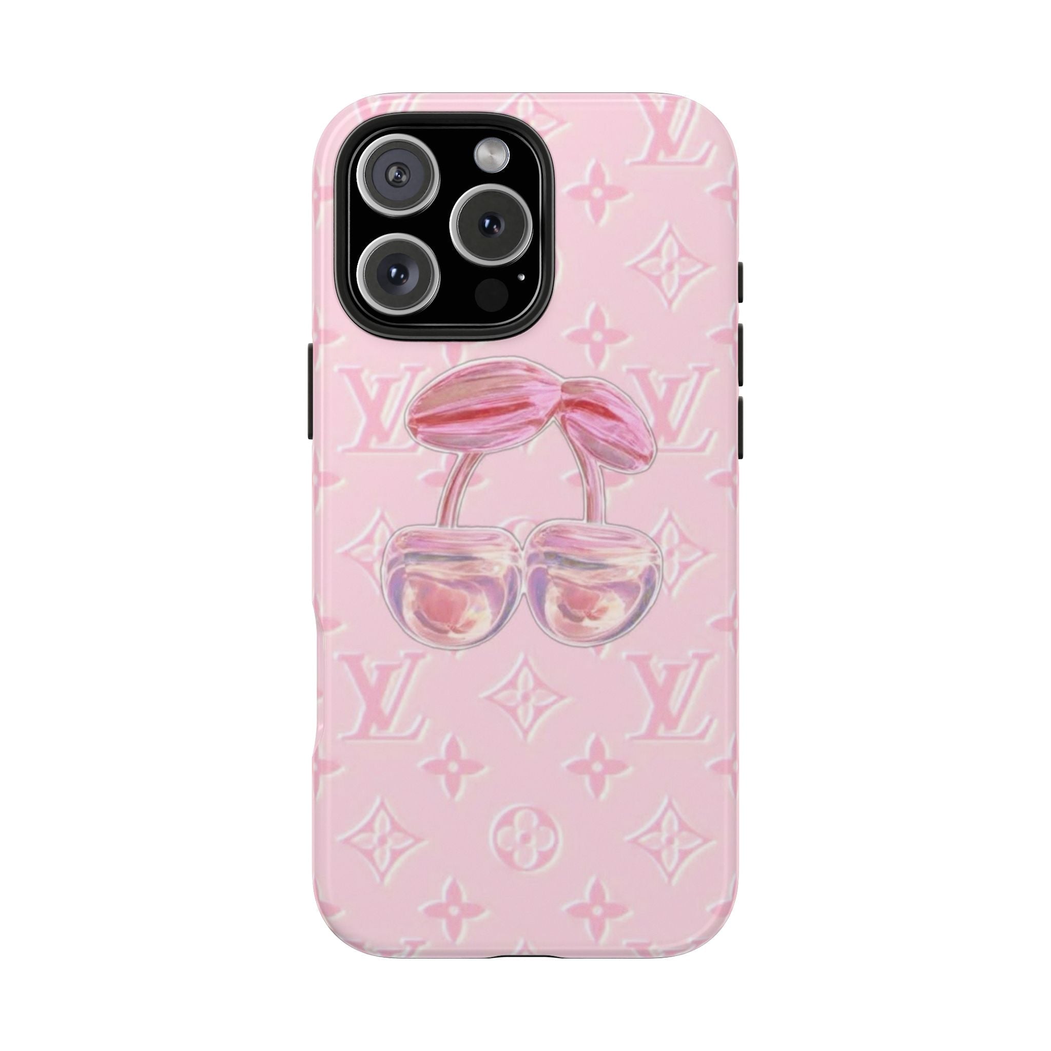 Baby pink phone case with LV monogram pattern and cherry graphic, glossy finish