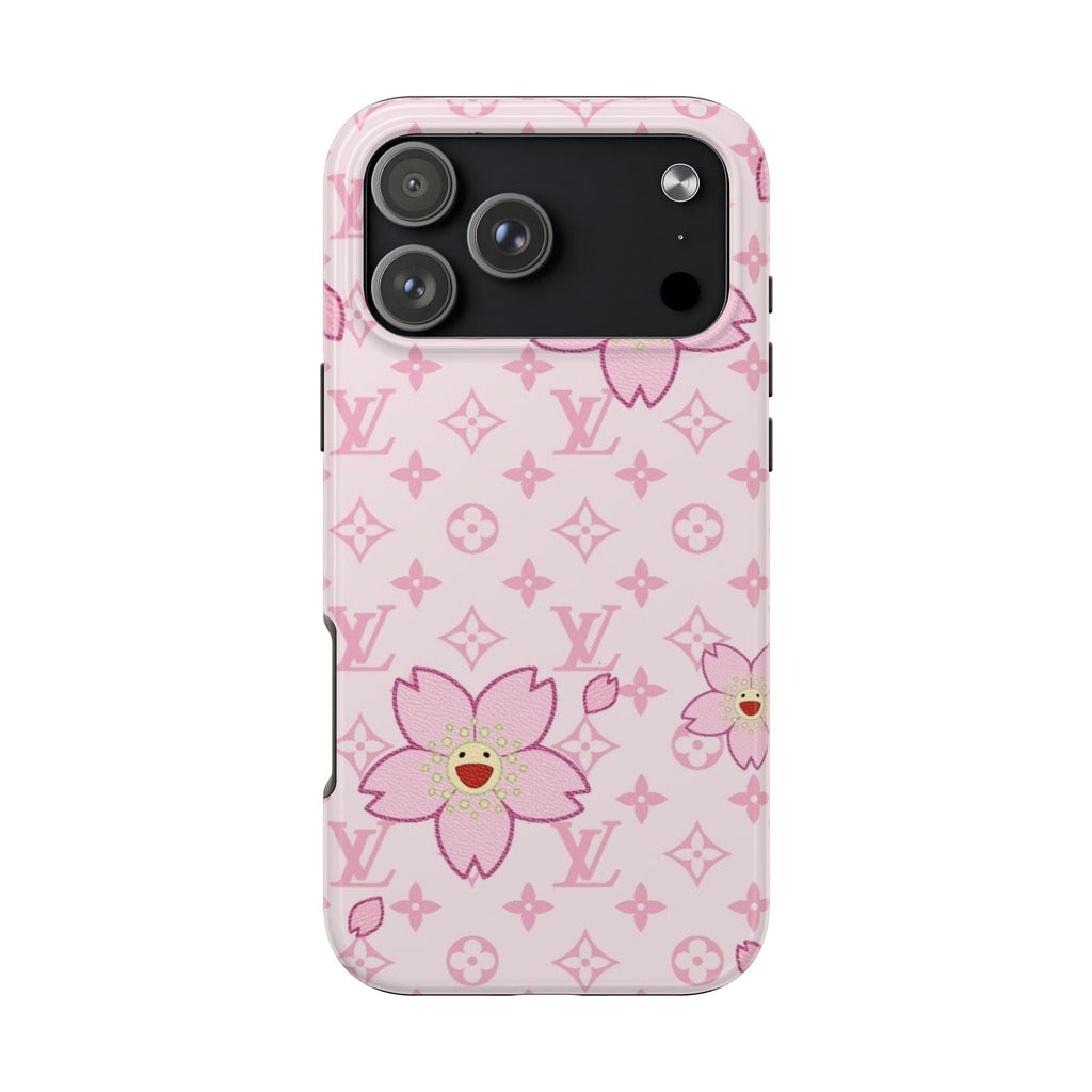 Baby pink floral LV-style phone case with daisy-like flower graphics