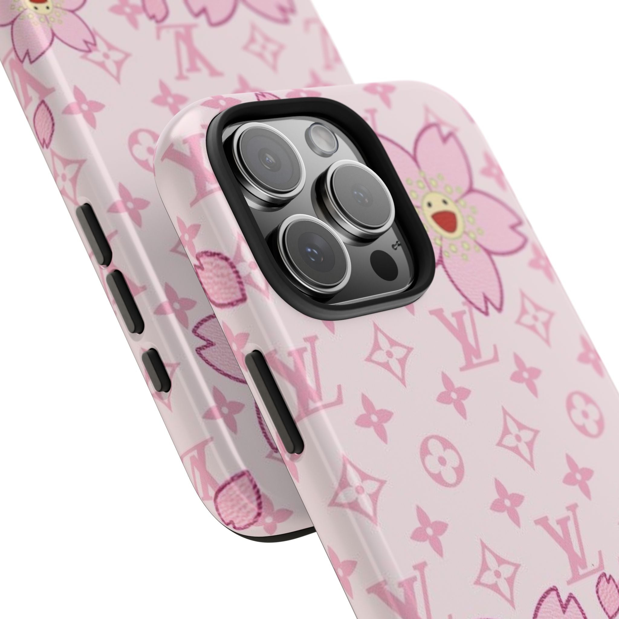 Baby pink floral LV phone case showing camera cutout and side buttons