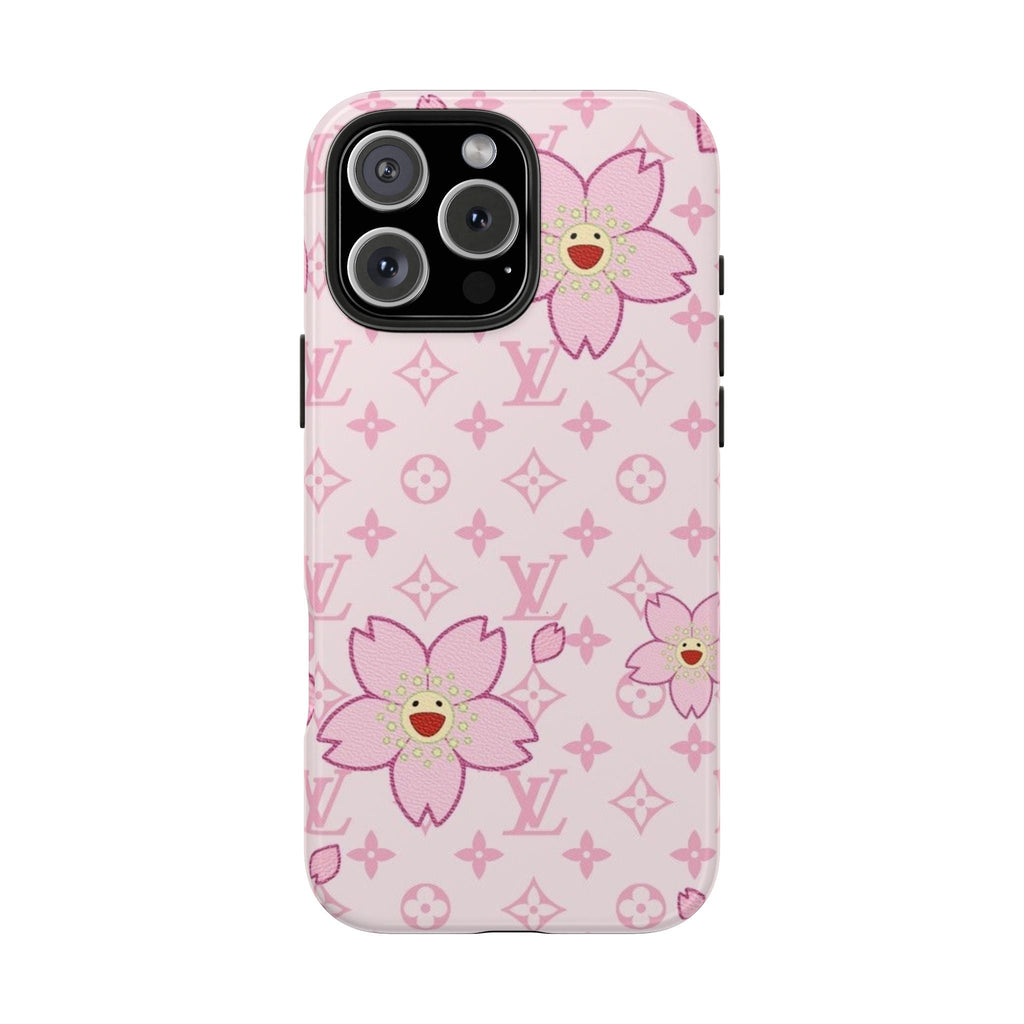 Baby pink floral LV phone case with large flower and monogram pattern, back view
